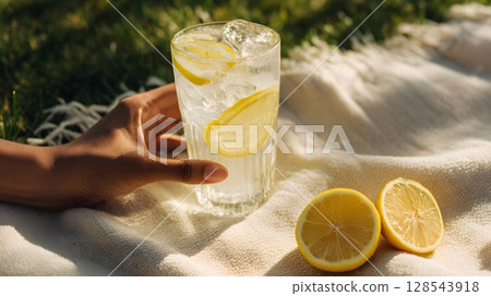 Hand holding glass of iced lemon water on blanket outdoors with sliced lemons nearby, summer refreshment concept. 128543918