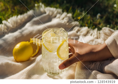 Hand holding a glass of iced lemon water on a beige blanket outdoors with two whole lemons nearby and green grass in the background, summer refreshment concept. 128543919