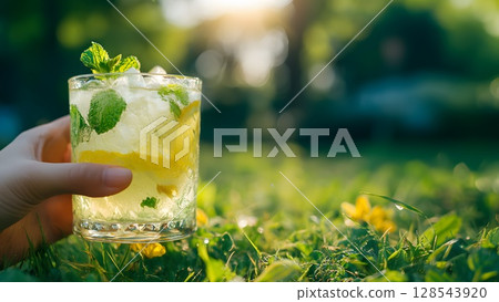 Hand holding a glass of mojito cocktail with ice and mint leaves outdoors on grass in natural light 128543920