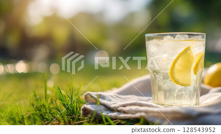 A refreshing glass of lemonade with lemon slices sits on a white cloth on green grass. The background features a sunny outdoor setting with blurred greenery. 128543952
