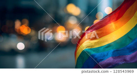 A vibrant pride month banner featuring a rainbow flag waving in the wind. The background is blurred with city lights, creating a festive atmosphere. A vibrant pride month banner featuring a rainbow flag waving in the wind. The background is blurred with city lights, creating a festive atmosphere. 128543969
