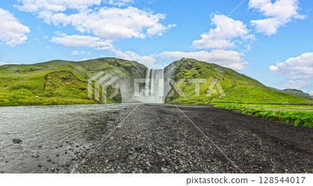 Skogafoss waterfall Iceland wide green valley view 128544017