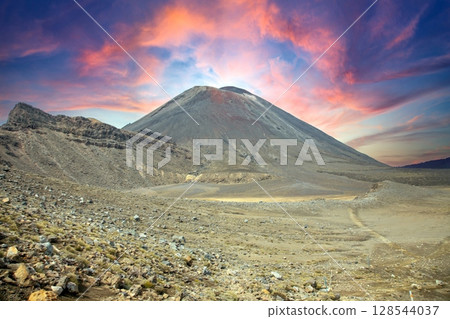 Sunset over Mount Ngauruhoe in Tongariro 128544037
