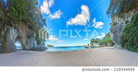 Cathedral Cove rock arch and beach panorama 128544048