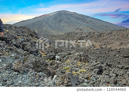 Mount Ngauruhoe volcanic cone at sunset 128544060