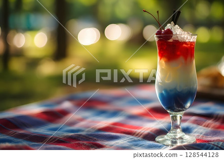 A colorful layered drink in a glass, featuring red, white, and blue colors, placed on a picnic table with a checkered tablecloth in a park setting. Summer atmosphere. 128544128
