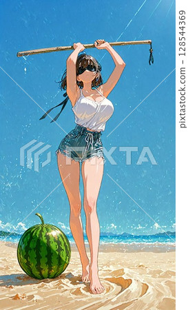一名女子在海灘上切西瓜 128544369
