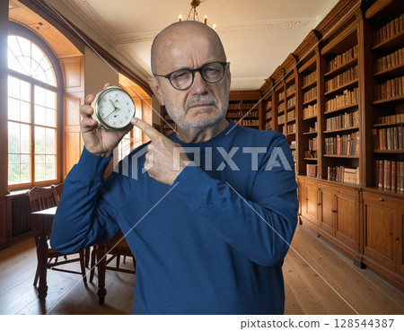 a man shows an old alarm clock 128544387
