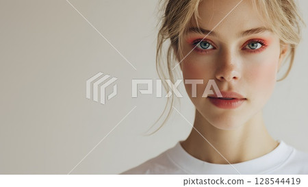 Young Caucasian woman with light brown hair and blue eyes. She has vibrant red eye makeup, wearing a white t-shirt. The background is neutral, emphasizing her look for Canada Day. 128544419