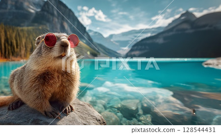 A beaver wearing red sunglasses sits on a rock by a turquoise lake. Mountains and trees surround the serene nature scene, celebrating Canada Day. 128544431