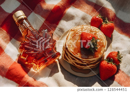 Top view of a Canada Day picnic featuring pancakes topped with strawberries and maple syrup in a maple leaf-shaped bottle. 128544451