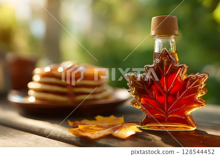 Maple syrup in a leaf-shaped bottle next to a stack of pancakes on a wooden table. Autumn leaves are scattered around. Ideal for Canada Day celebrations. 128544452