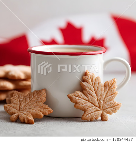 A white mug filled with coffee sits beside maple leaf-shaped cookies. A Canadian flag is blurred in the background, symbolizing Canada Day celebrations on July 1st. A white mug filled with coffee sits beside maple leaf-shaped cookies. A Canadian flag is blurred in the background, symbolizing Canada Day celebrations on July 1st. 128544457