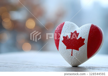 A heart-shaped stone painted with the Canadian flag, featuring a red maple leaf. Symbolizes patriotism and independence on Canada Day, July 1. 128544591