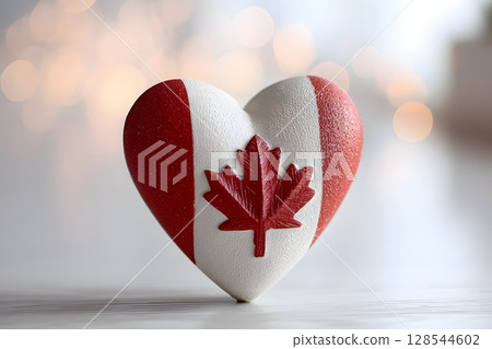 A heart-shaped decoration painted in red and white, featuring the Canadian flag and a red maple leaf. Symbolizes Canada Day and patriotism. 128544602