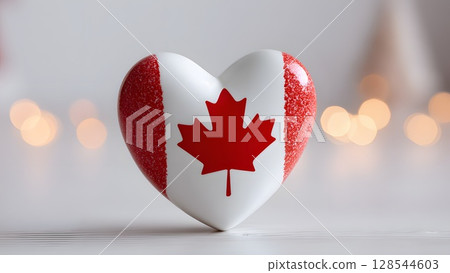 A decorative heart shaped object features the red maple leaf and colors of the Canadian flag. It symbolizes patriotism and independence on Canada Day. 128544603