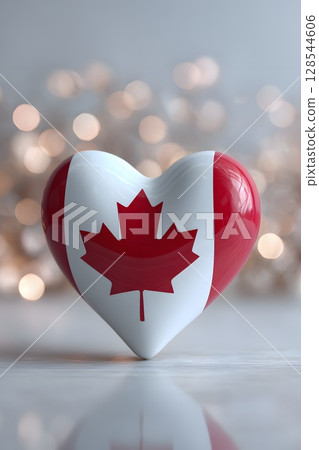 A heart-shaped object painted with the Canadian flag, featuring a red maple leaf. The background is softly blurred with warm lights, symbolizing patriotism and Canada Day. 128544606