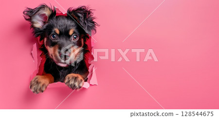 Playful puppy is peeking through a torn pink wall, showcasing its curious expression and fluffy fur in a vibrant and cheerful setting 128544675
