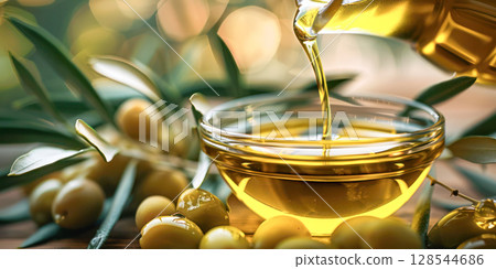Olive oil is being poured into a glass bowl surrounded by fresh olives and olive branches, showcasing natural ingredients and culinary beauty 128544686
