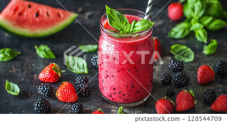 Refreshing berry smoothie in a glass jar garnished with fresh basil, surrounded by vibrant strawberries, blackberries, and watermelon slices on a dark surface 128544709