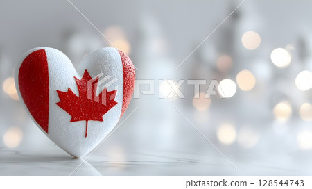 A heart-shaped decoration features the red maple leaf symbol of Canada. The background is softly blurred with lights, evoking a sense of patriotism for Canada Day. 128544743