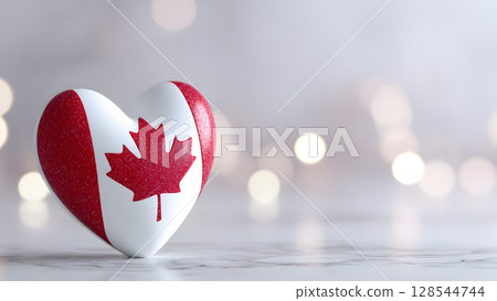 A decorative heart painted in red and white, featuring the Canadian maple leaf. The background is softly blurred with warm lights, symbolizing Canada Day and patriotism. 128544744