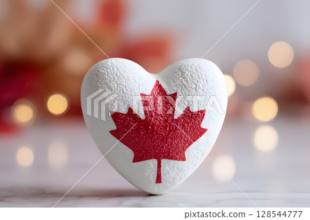 A white heart-shaped object with a red maple leaf design symbolizes Canada Day. The background features soft bokeh lights, enhancing the patriotic theme. 128544777