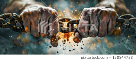 Powerful hands gripping a heavy chain, showcasing strength and determination, with sparks flying and dramatic lighting enhancing the intense scene 128544788