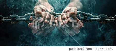 Powerful hands gripping a heavy chain, surrounded by swirling smoke, symbolizing strength, struggle, and resilience in a dramatic atmosphere 128544789