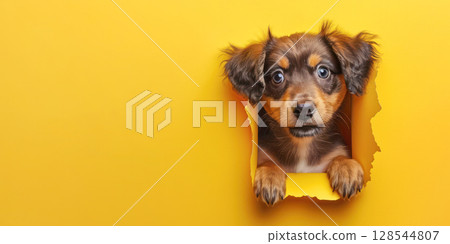Playful puppy peeking through a torn yellow paper background, showcasing curiosity and charm in a vibrant, cheerful setting 128544807