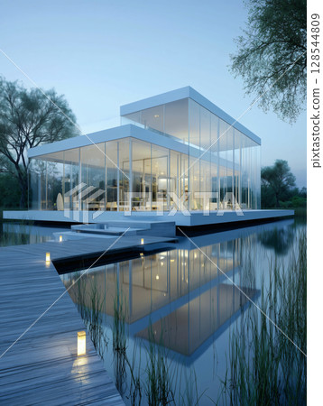 漂浮在湖面上的玻璃建築 128544809