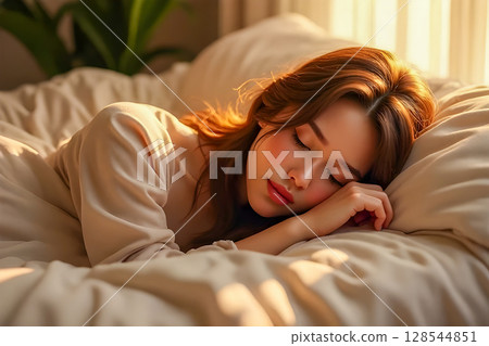 asian young woman sleeping in bed at home 128544851