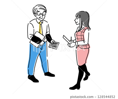 從事金融業的男性辦公室職員和一名身穿制服的女性辦公室職員的插圖 128544852