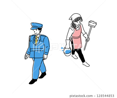 一名清潔女工和一名保全人員的全身向量插圖 128544853