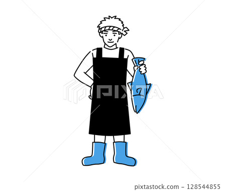 一位男子氣概的魚販舉起一條大魚的插圖 128544855