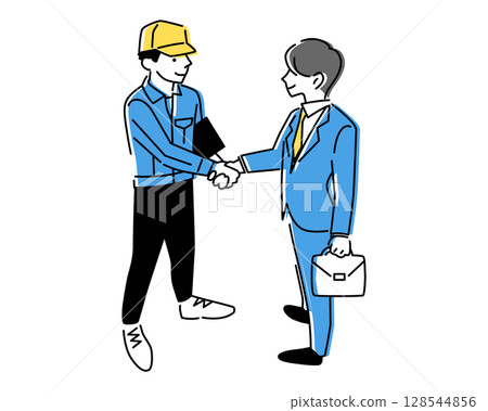 一幅全身插圖，描繪了一位推銷員風格的男人和一位工廠工人風格的男人握手並互相凝視 128544856