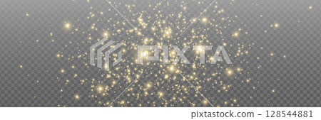 Glitter golden light and stars border. Christmas Holiday glow particle. Magic star effect. Sparkle bokeh. Shine luxury background. Festive party design. Twinkle flash. Fairy bulb. Vector illustration 128544881