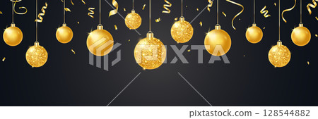 Christmas gold balls with falling confetti. Xmas golden decoration. 3d luxury bauble design element. Clear glass hang toy. New year gift. Glitter sphere. Festive present card. Vector illustration 128544882