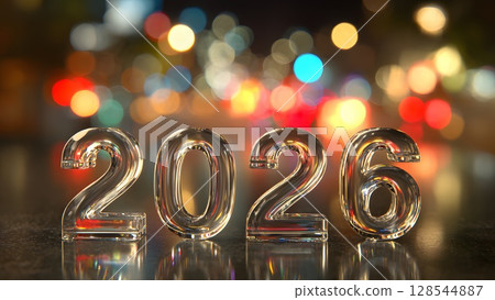 Clear glass numbers 2026 on a reflective surface. Blurred colorful lights in the background create a festive atmosphere for New Year and Christmas celebrations. 128544887