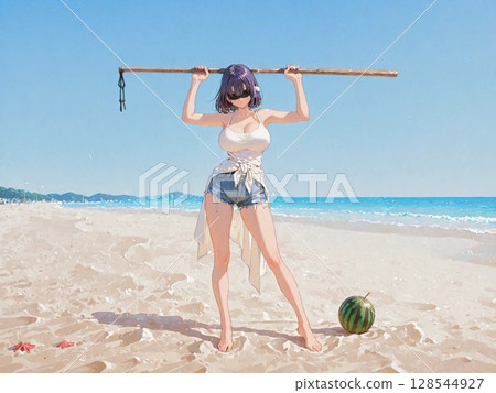 A woman splitting a watermelon on the beach 128544927