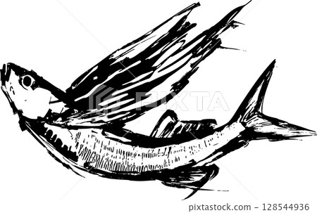A sumi-e illustration of a jumping flying fish A sumi-e illustration of a jumping flying fish 128544936