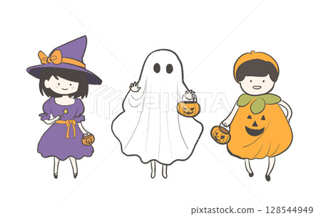 Cute illustrations of kids dressed up for Halloween: witches, ghosts, pumpkins 128544949