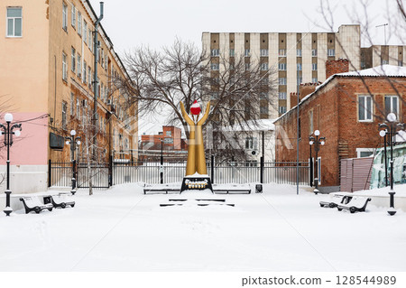 Orenburg, Russia - January 16, 2025 Monument in honor of Russian blood donors. Editorial 128544989