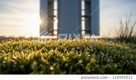 Dewy Moss and Sunlight with Modern Architecture Silhouette at Sunrise 128545011