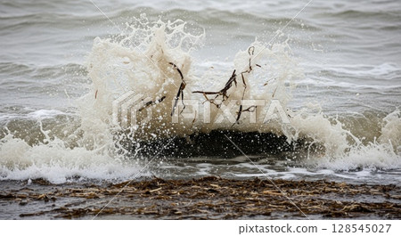 Powerful Ocean Wave Crashing on Rocky Shore with Splashing White Foam and Scattered Branches 128545027