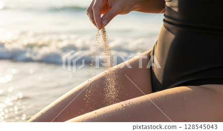 Sunlit Beach Scene Hand Sprinkling Golden Sand on Leg with Ocean Waves Blurred Background 128545043