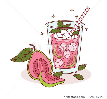 Cute Guava Drink with Ice and Mint leaves and tropical slices. Summer Fruit Pink Refreshing Cocktail with straw. Vector Illustration Cute Guava Drink with Ice and Mint leaves and tropical slices. Summer Fruit Pink Refreshing Cocktail with straw. Vector Illustration 128545453