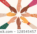 hands on top of  in a circle of diverse multi-ethnic people. 128545457