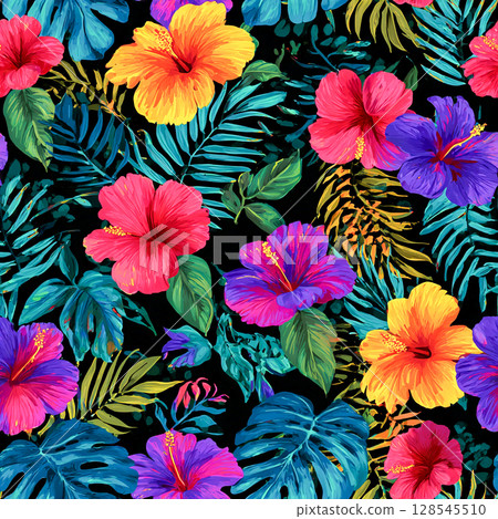 Vibrant Tropical Floral Pattern with Hibiscus and Monstera Leaves 128545510