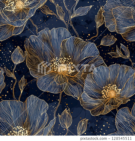Elegant Gold Line-Art Floral Seamless Pattern on Navy Background 128545511